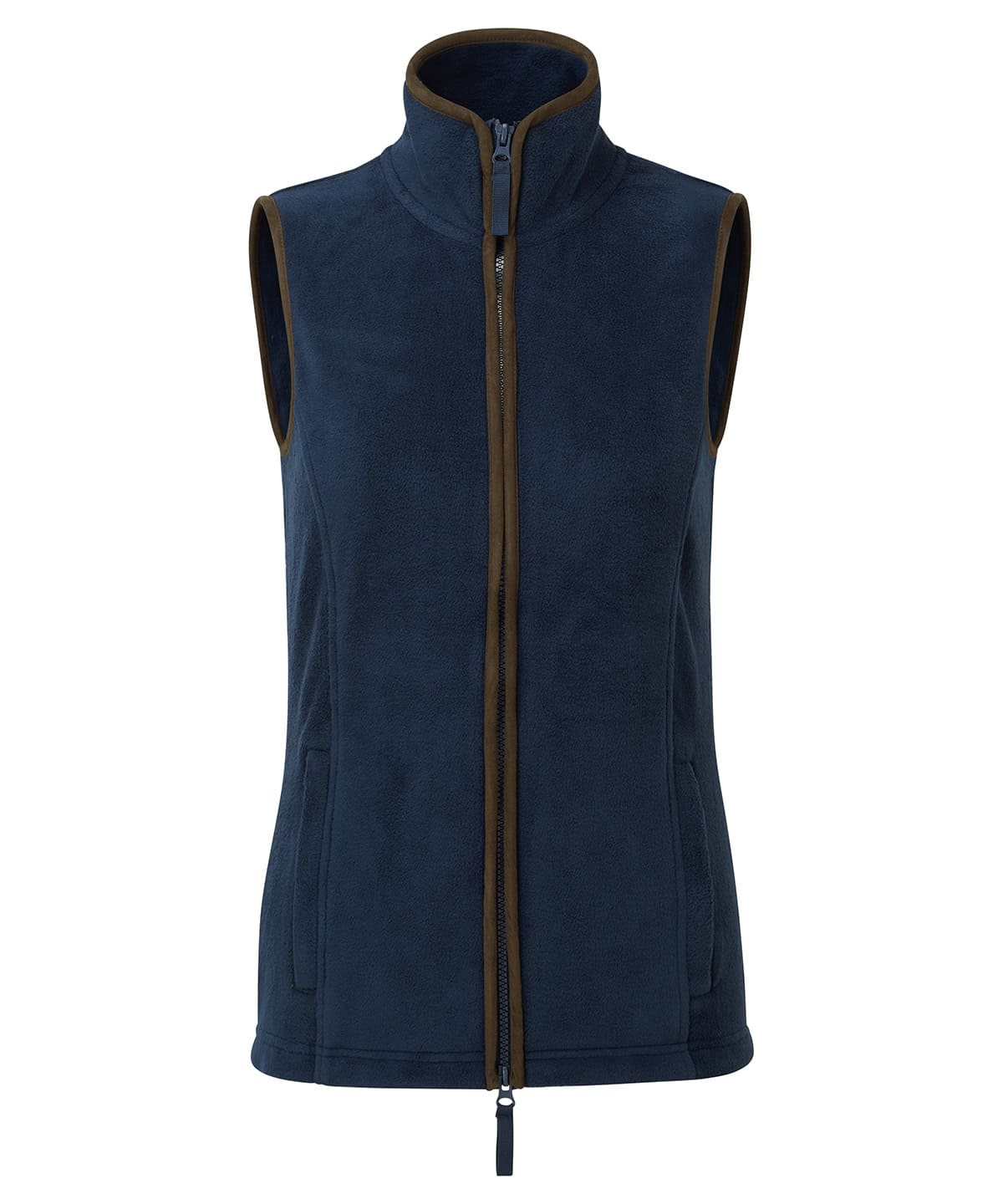 Comfortable navy fleece gilet with brown accents, perfect for outdoor activities and casual wear.