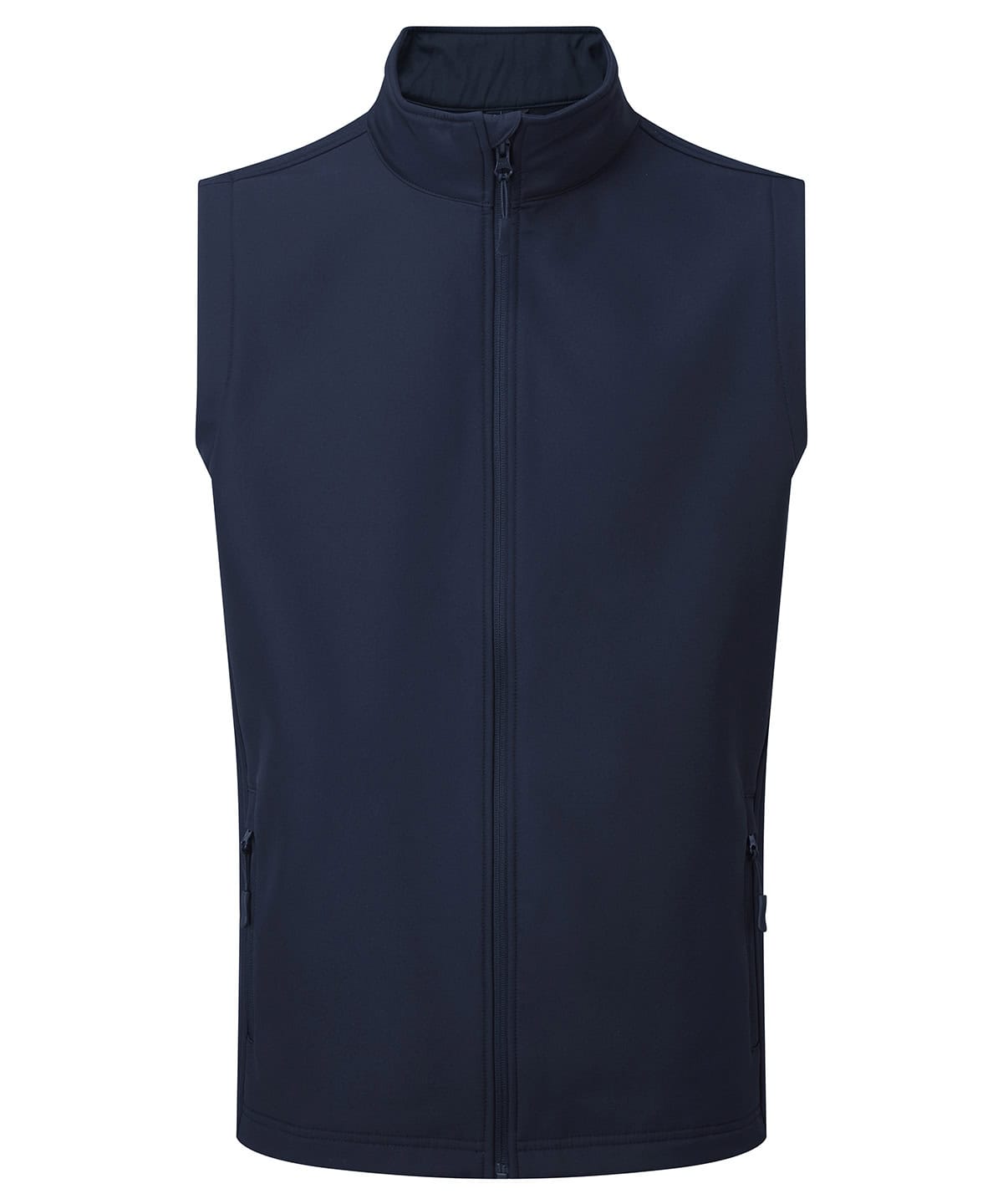 Recycled navy gilet with front zipper, ideal for custom embroidery and printing, eco-friendly and su.