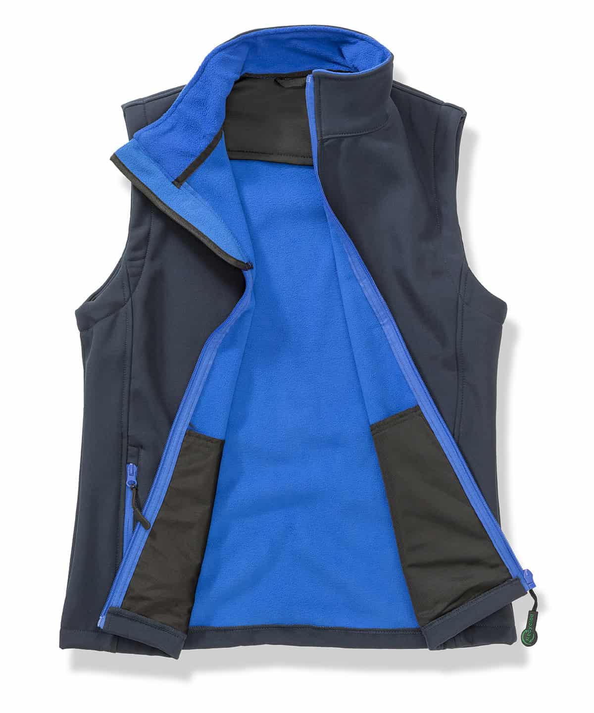 Softshell bodywarmer in navy and royal blue, perfect for custom printing and embroidery. Lightweight.