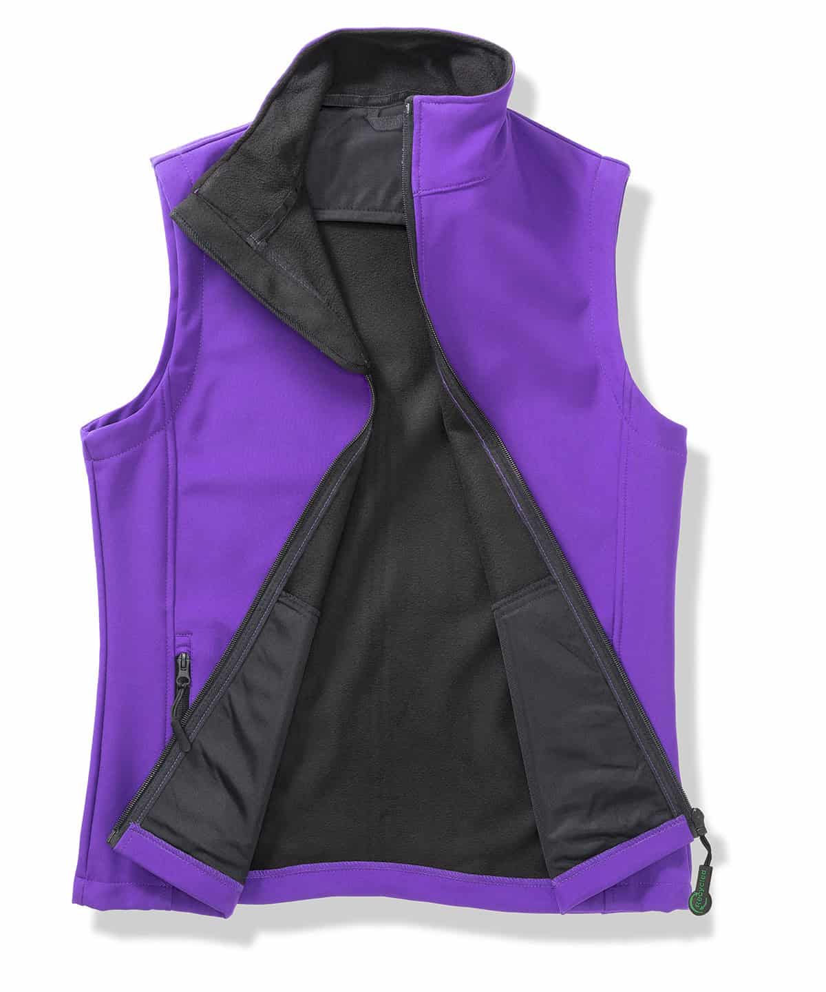 Softshell bodywarmer with printable surface in purple and black, ideal for customised branding and o.
