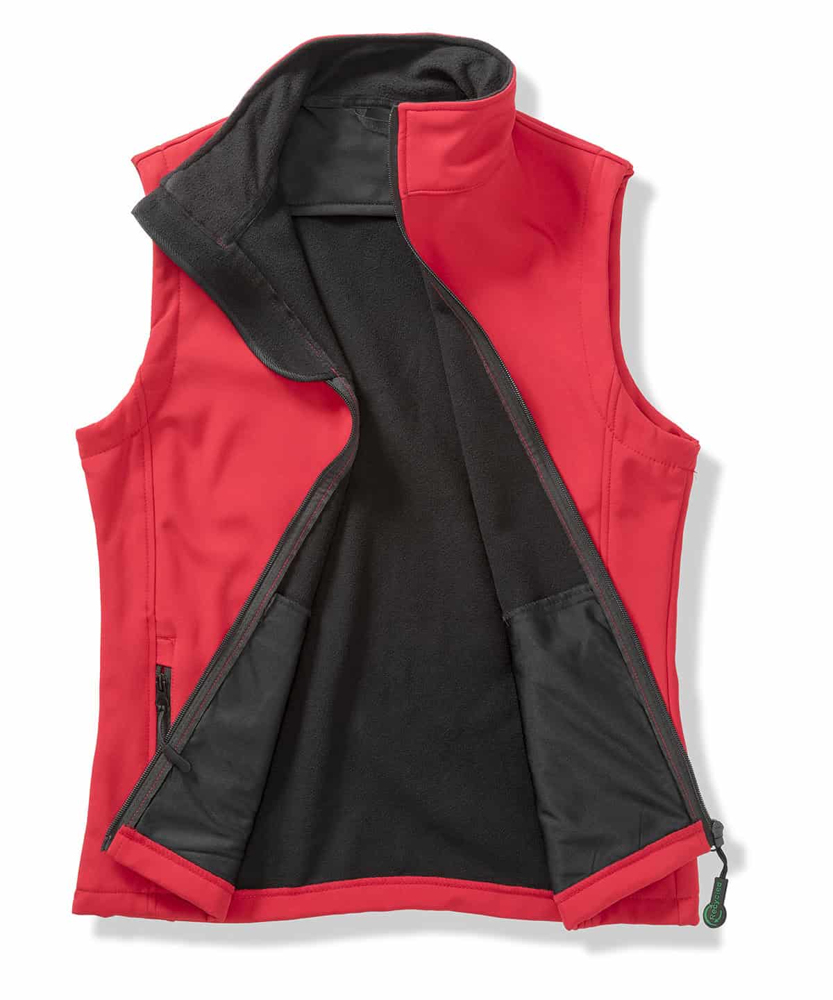 Softshell bodywarmer with printable surface, red and black colour, ideal for personalised branding.