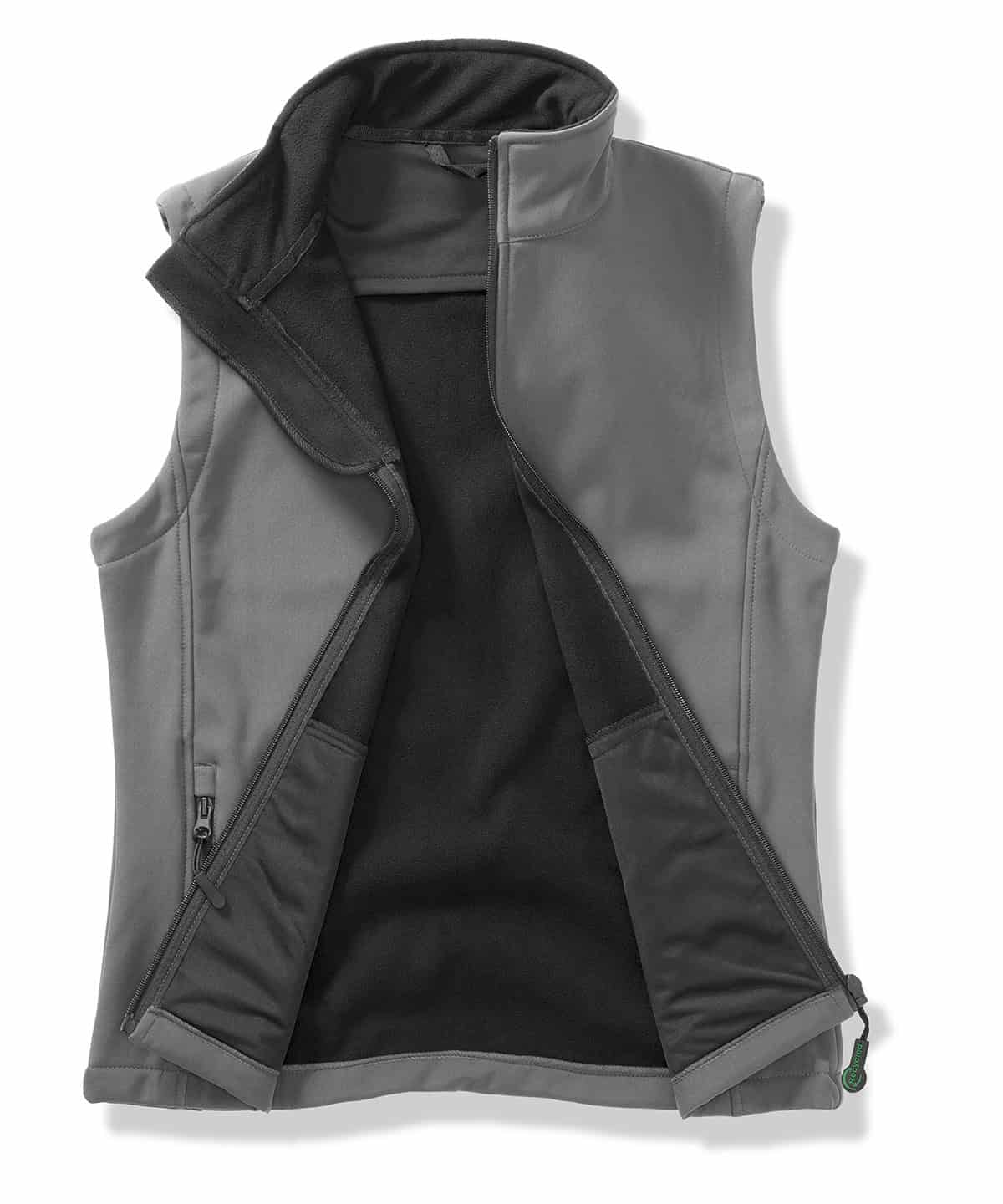 Charcoal and black softshell bodywarmer with zip closure, size S.