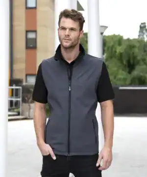 Man wearing custom printed softshell bodywarmer for branding and promotional use.