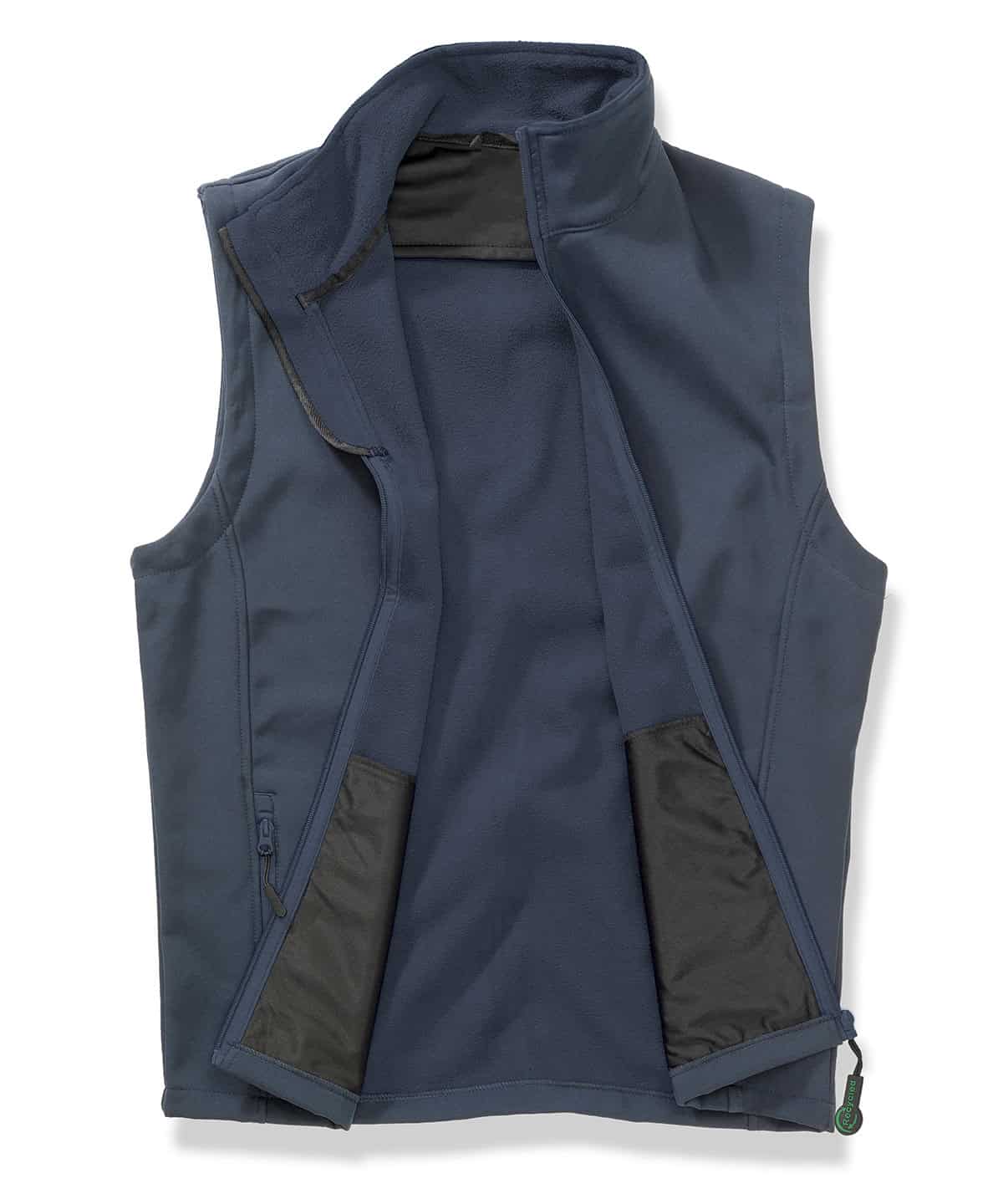 Softshell navy bodywarmer with embroidery-friendly fabric, perfect for branding.