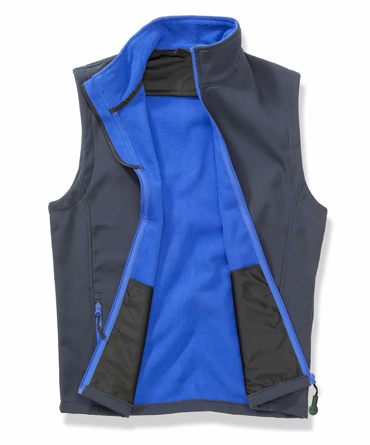 Softshell bodywarmer with navy and royal blue colours, ideal for custom embroidery and printing.