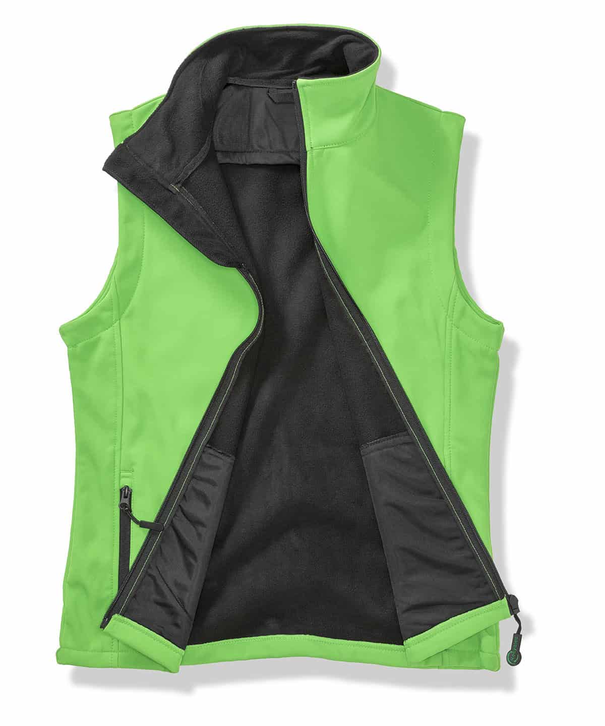 Softshell bodywarmer in vivid green and black, ideal for custom embroidery and printing. Perfect for.