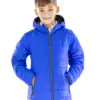 Bright blue embroidered children's padded jacket with hood and front pockets. Perfect for outdoor wa.