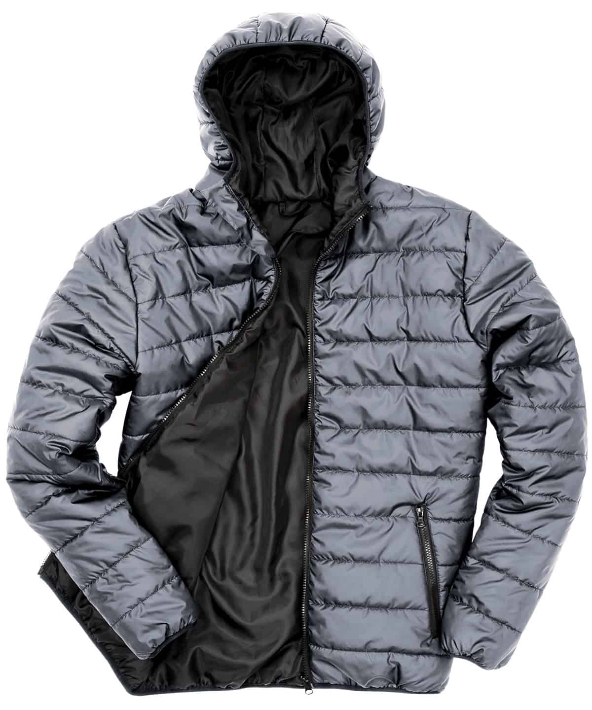 Quality padded jacket with black lining, ideal for cold weather. Features a hood and zip pockets, pe.