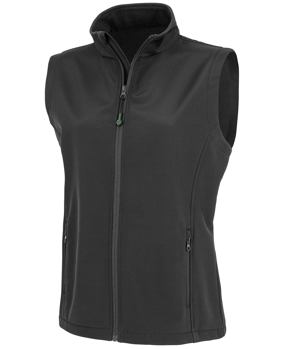 Recycled softshell ladies vest with zip closure, ideal for outdoor sports and eco-friendly apparel.