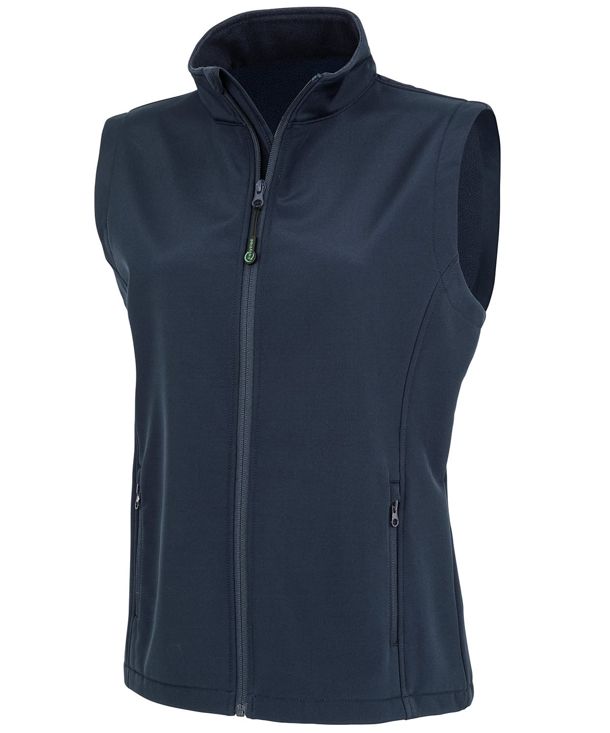 Recycled softshell vest in navy, perfect for eco-friendly outdoor wear, featuring durable printing a.