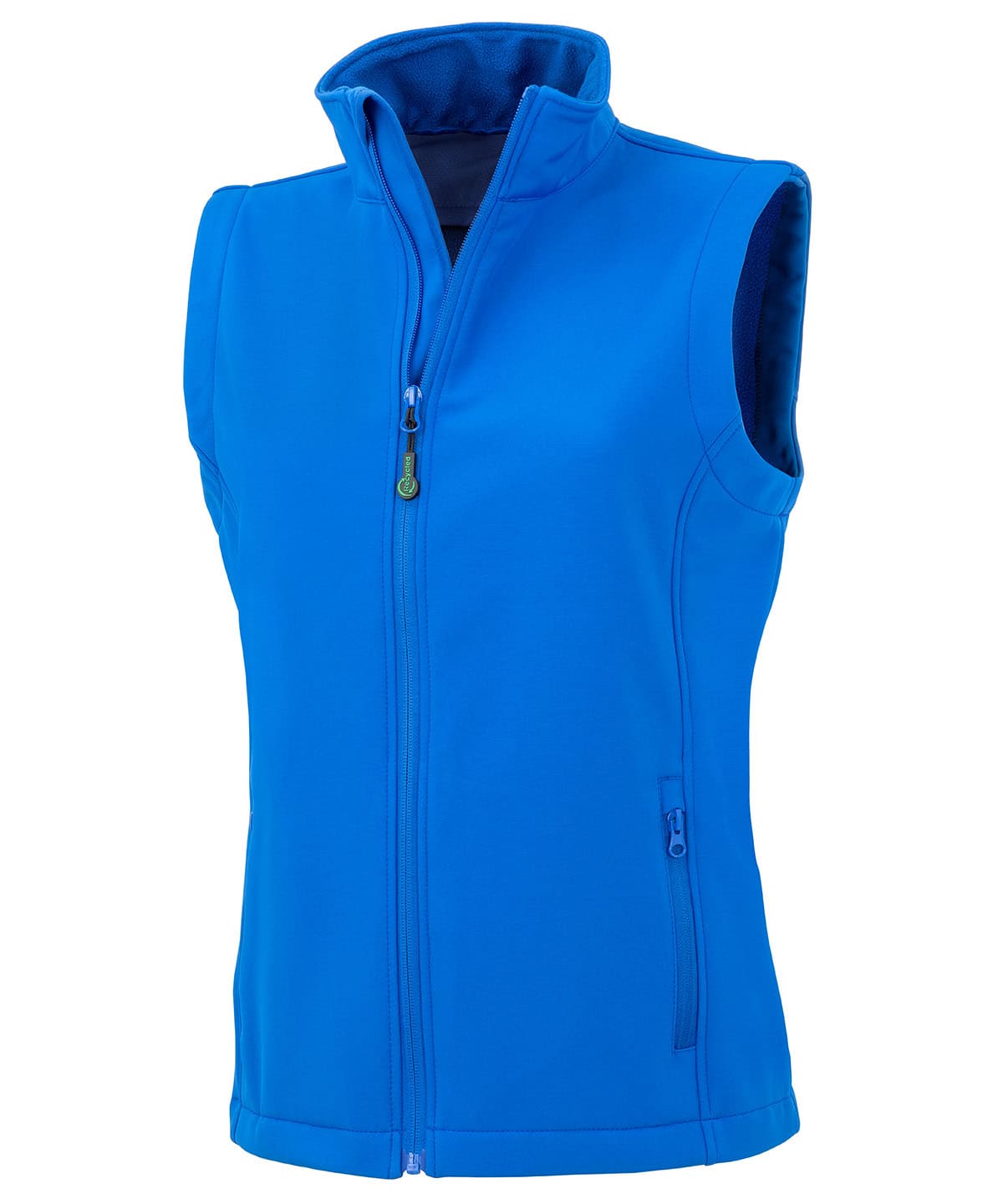 Royal blue ladies recycled softshell vest with front zipper and sleeveless design.