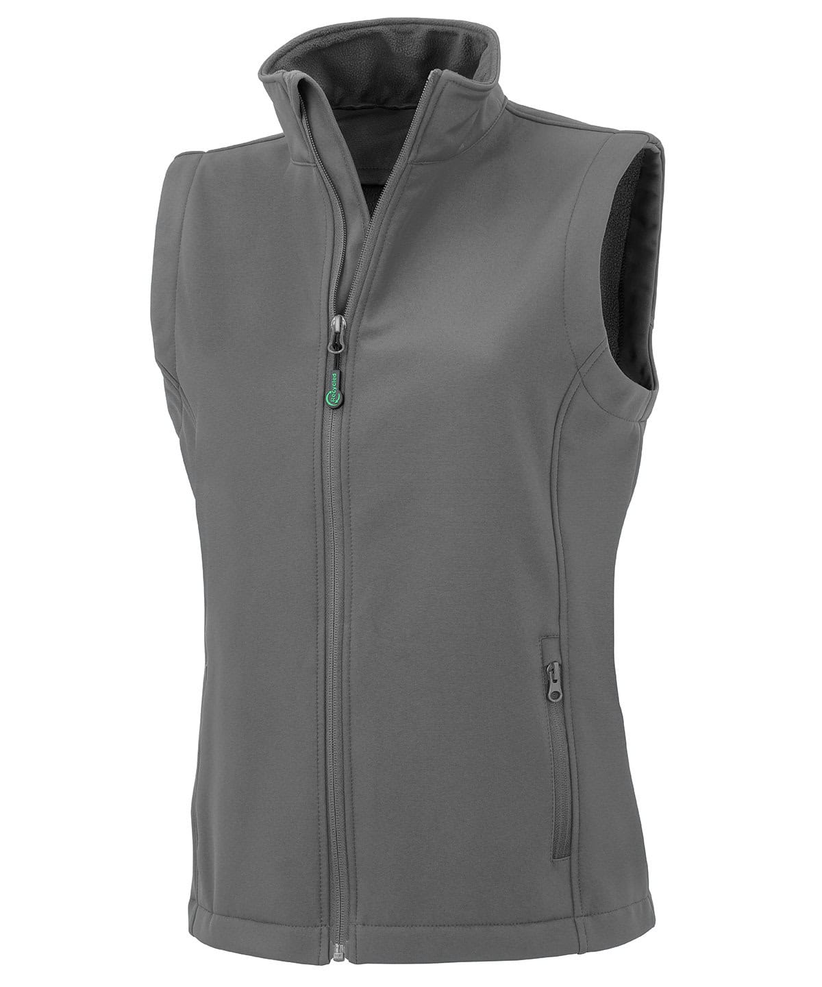Recycled softshell vest with full zip, ideal for work and outdoor activities. Grey, lightweight, and.