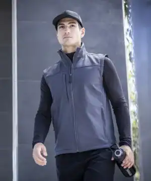 Men wearing Flux softshell bodywarmer, ideal for embroidery and printing.