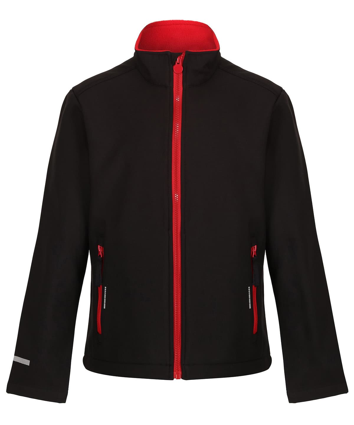 Softshell jacket with red zipper and accents, ideal for kids' outdoor activities and sports.