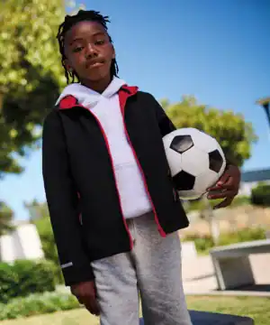 Bright kids' softshell jacket with vibrant red accents, perfect for outdoor activities.