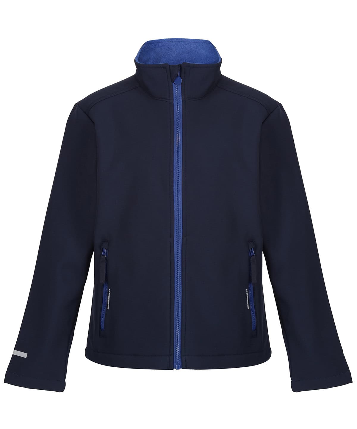 Kids Ablaze navy and royal blue softshell jacket with zip closure and pockets.