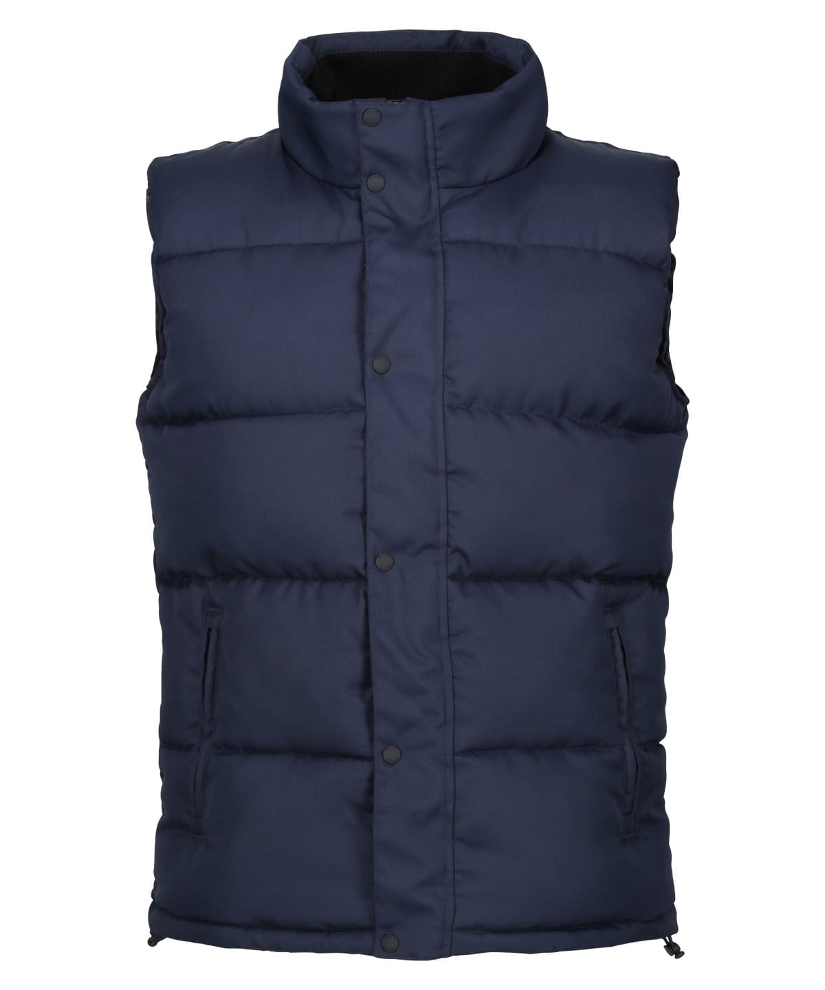Insulated navy bodywarmer with front zipper and side pockets, ideal for outdoor work and casual wear.