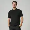 Man wearing a black polo shirt, casual style, front view.
