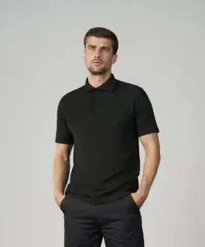 Man wearing a black polo shirt, casual style, front view.