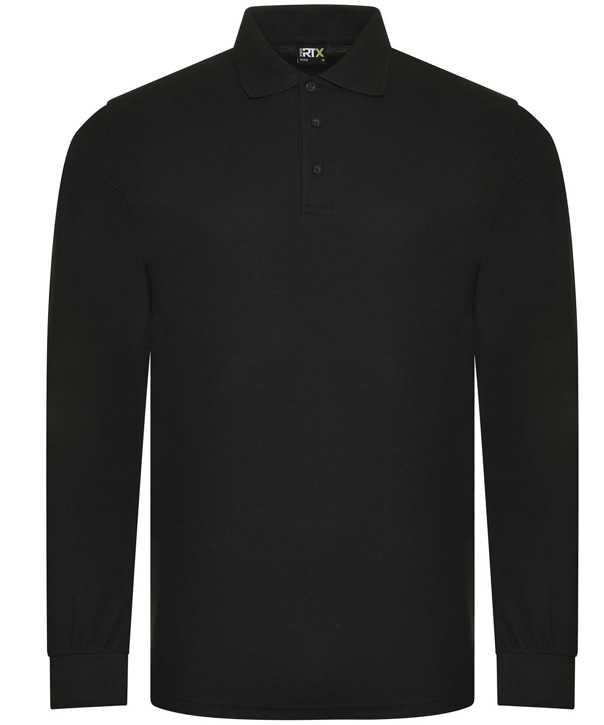 Black long sleeve polo shirt with embroidered logo.