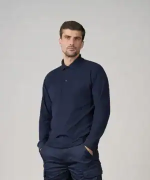 Elegant navy long sleeve polo shirt for men. Perfect for casual and professional wear with custom em.