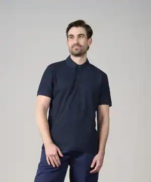Quality navy blue pro wicking polo shirt for sports and casual wear.