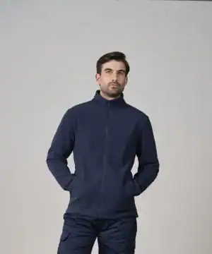 Man wearing navy blue fleece jacket with zip closure, casual style.