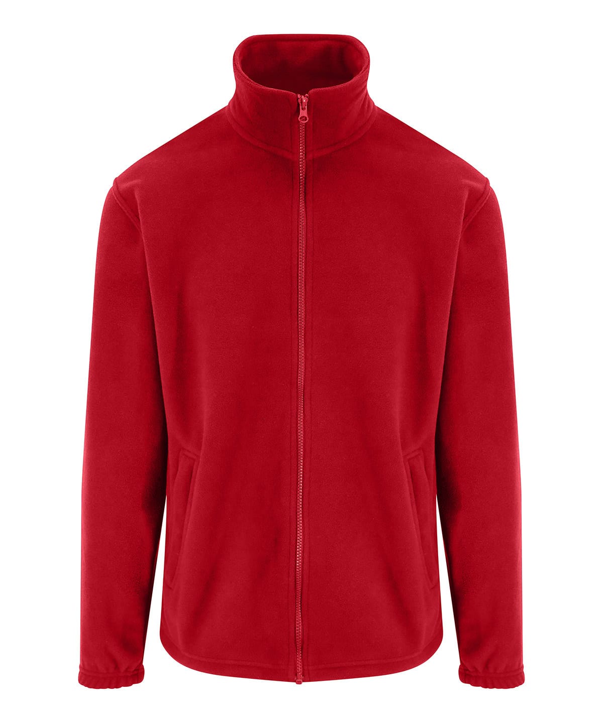 Red fleece jacket with full zip for outdoor sports and casual wear.