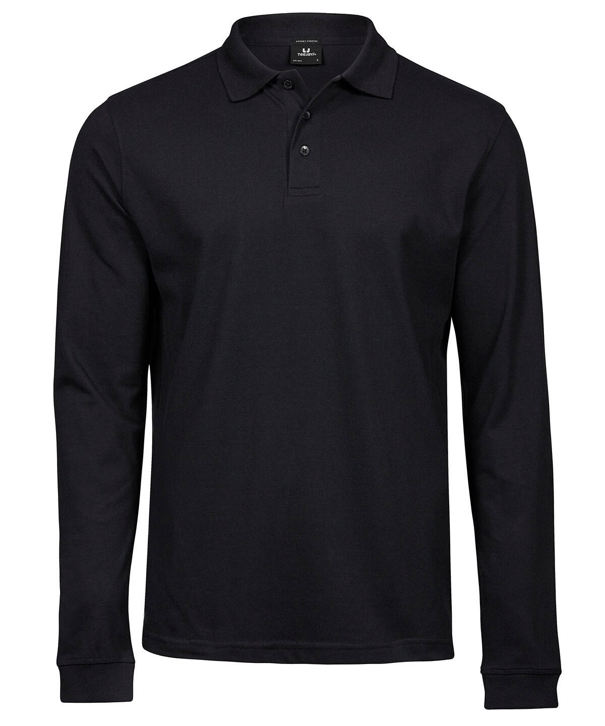 Black long sleeve polo shirt with embroidery and printing options.
