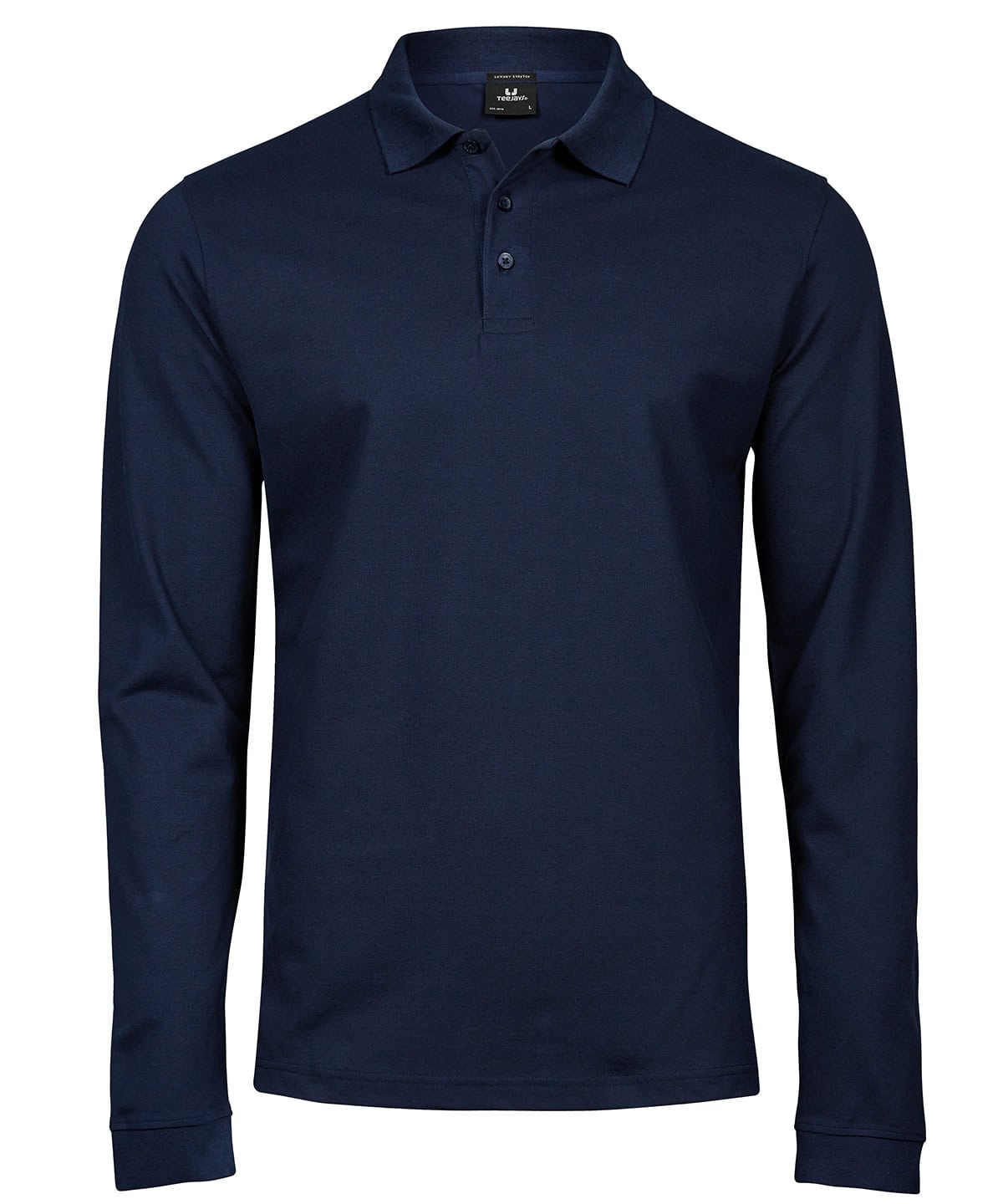 Navy long sleeve polo shirt, perfect for casual and sportswear, featuring high-quality embroidery an.