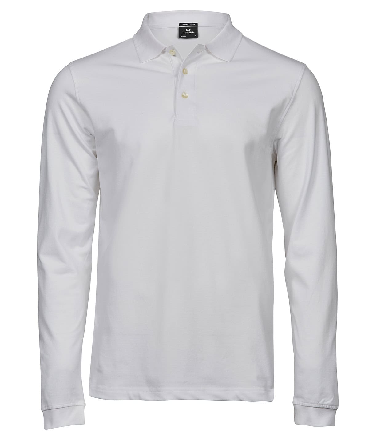 White long sleeve polo shirt with embroidery and printing options. Perfect for custom branding and c.