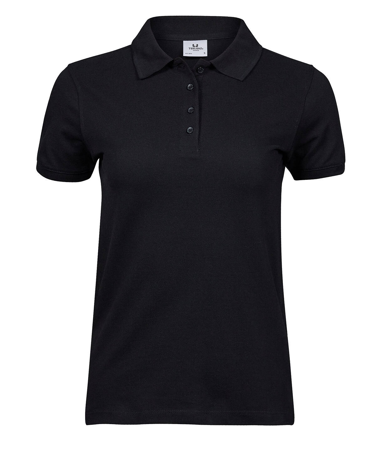 Black ladies heavy polo shirt with buttoned collar, ideal for casual or workwear.
