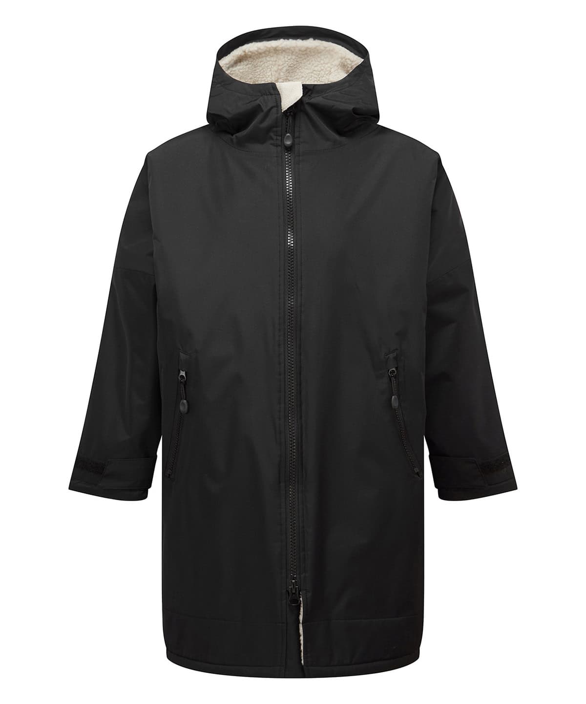 Kids waterproof changing robe in black and natural colours, suitable for ages 5-8.