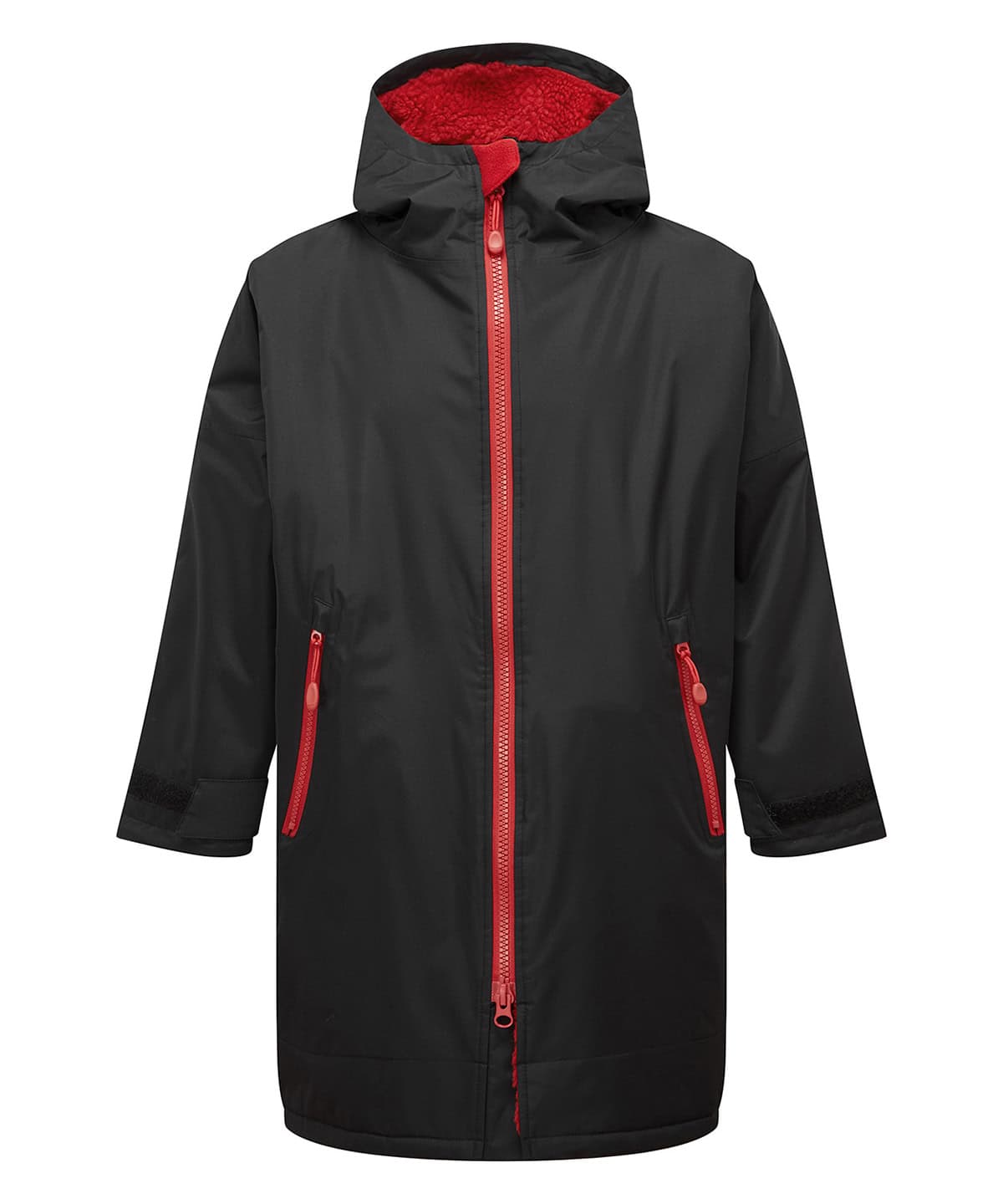 Kids waterproof changing robe in black and fire red, size 5/8 years, ideal for swimming and outdoor.