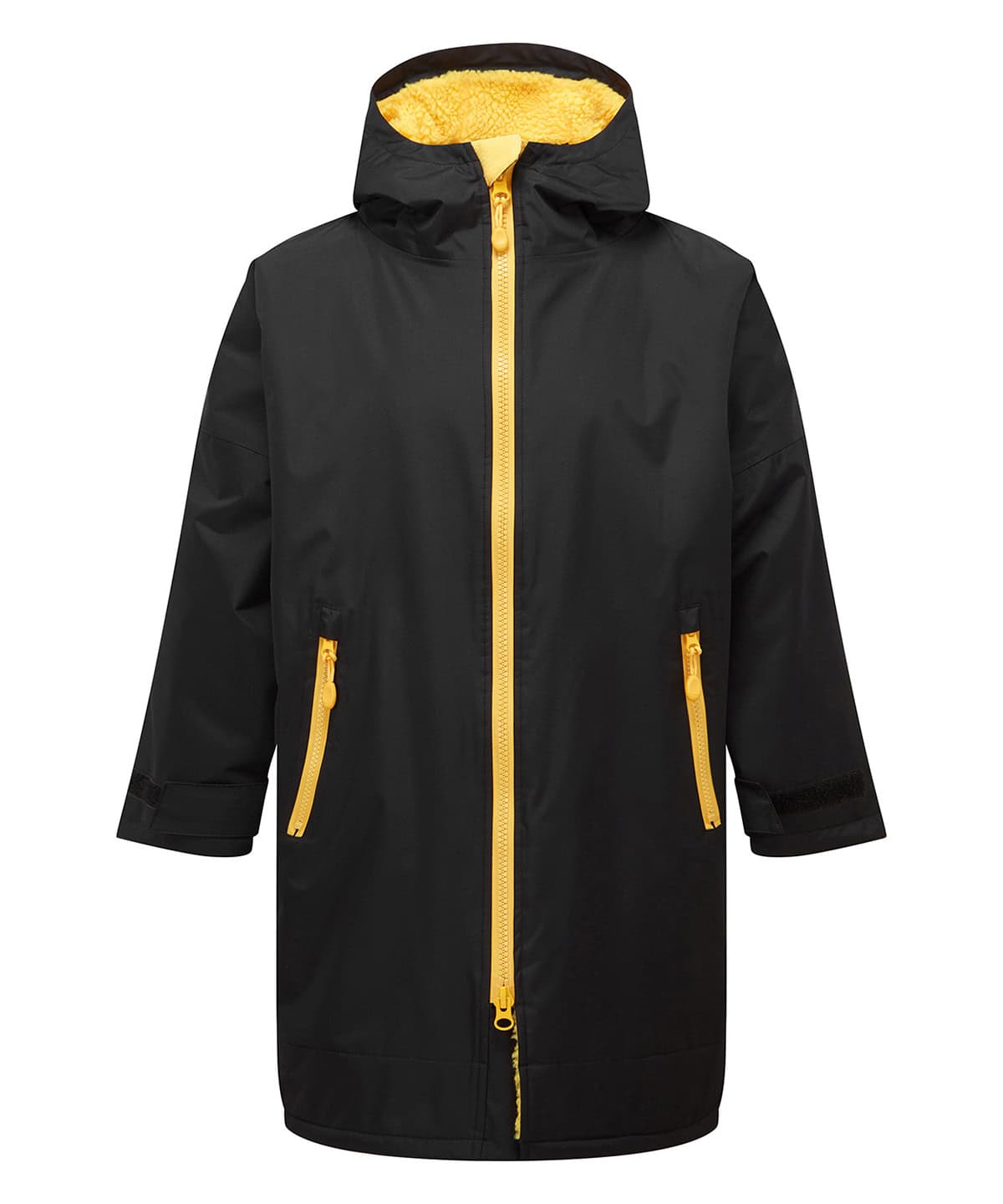 Kids waterproof changing robe in black with sun yellow accents, ideal for swimming and outdoor activ.