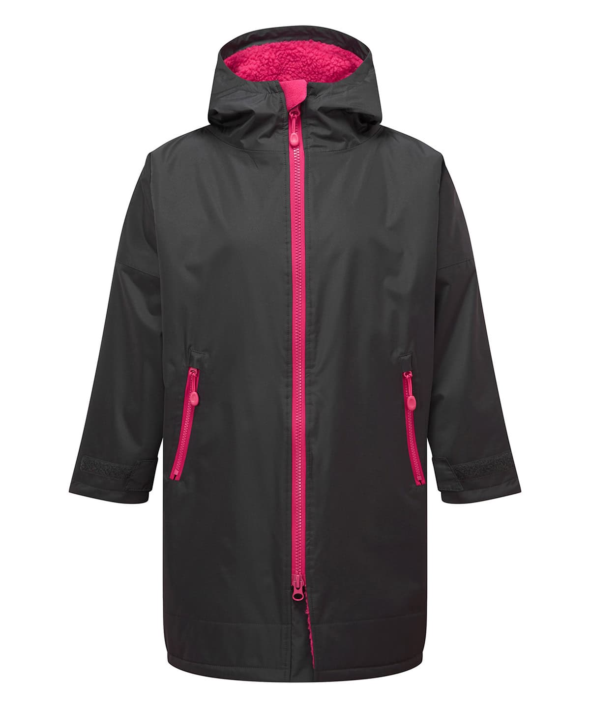 Kids waterproof changing robe in charcoal with hot pink accents, suitable for ages 5-8 years.