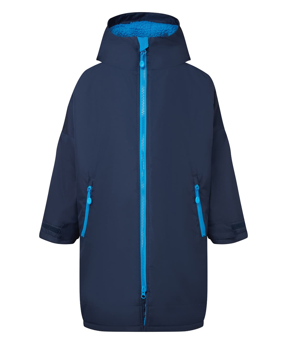 Waterproof kids' changing robe in navy and sapphire, ideal for ages 5 to 8, featuring a hood and eas.