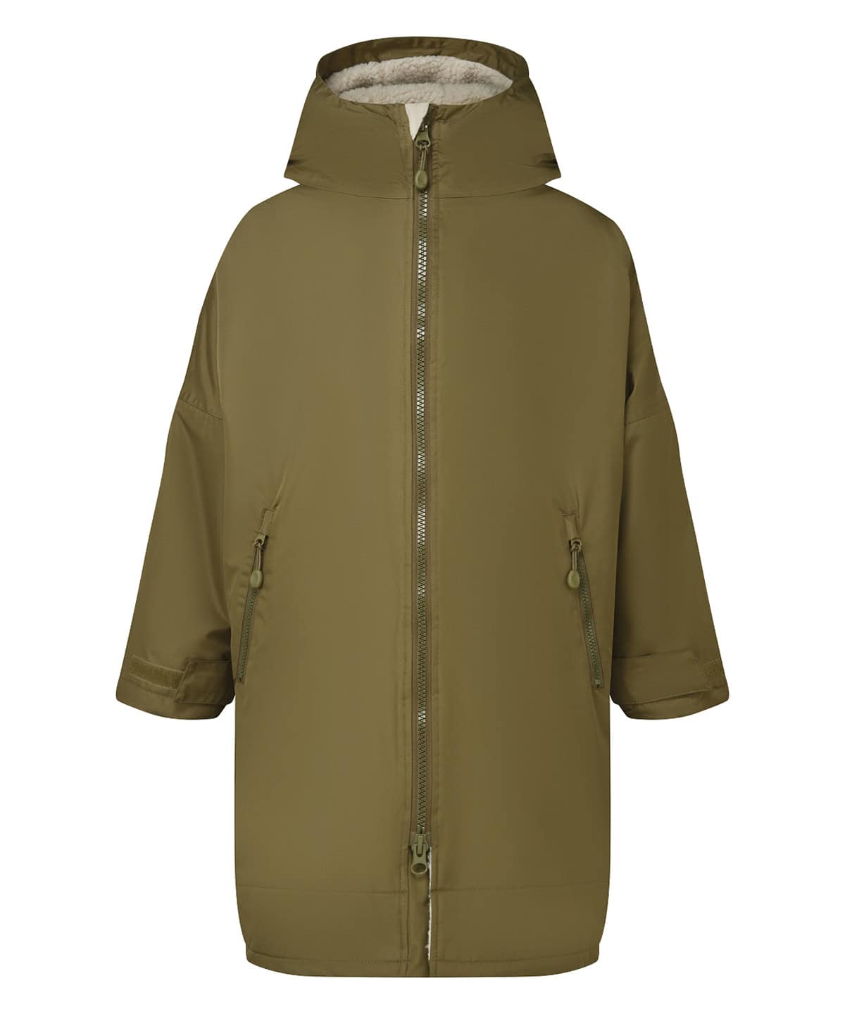 Kids waterproof changing robe in olive and natural colours, size 5/8 years, ideal for swimming and o.